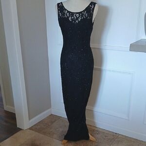 Laurence Kazar Plunging Back Beaded Black Lace Gown